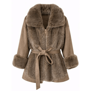Abrigo corto con pelo y cinturón